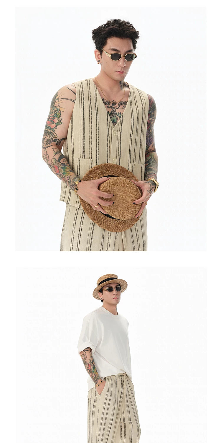Distressed Vintage Striped Vest Pants Set