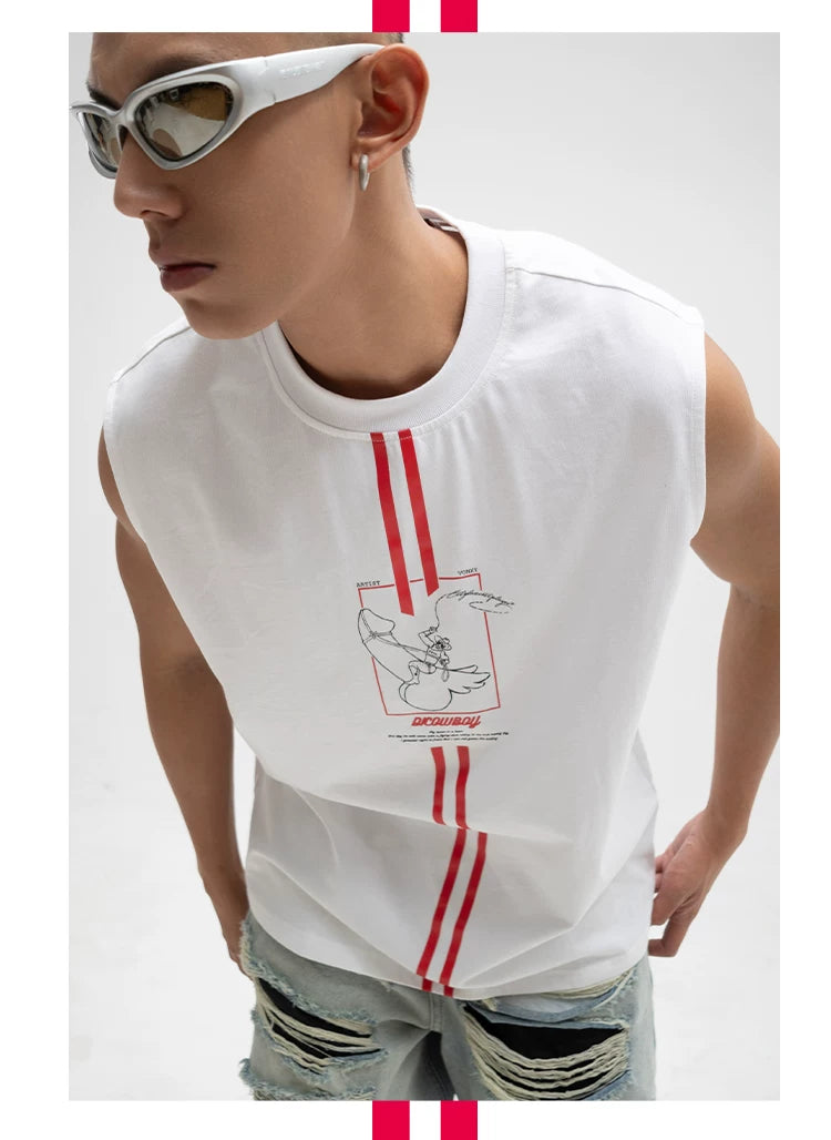 Men's White Loose Hand-Printed Tank Tops