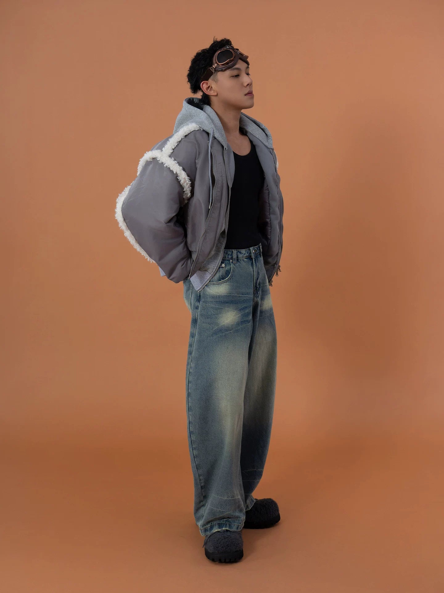 Gray 2-in-1 Hooded Sherpa Bomber Jacket
