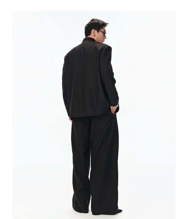Black Striped Wool Stand Collar Blazer