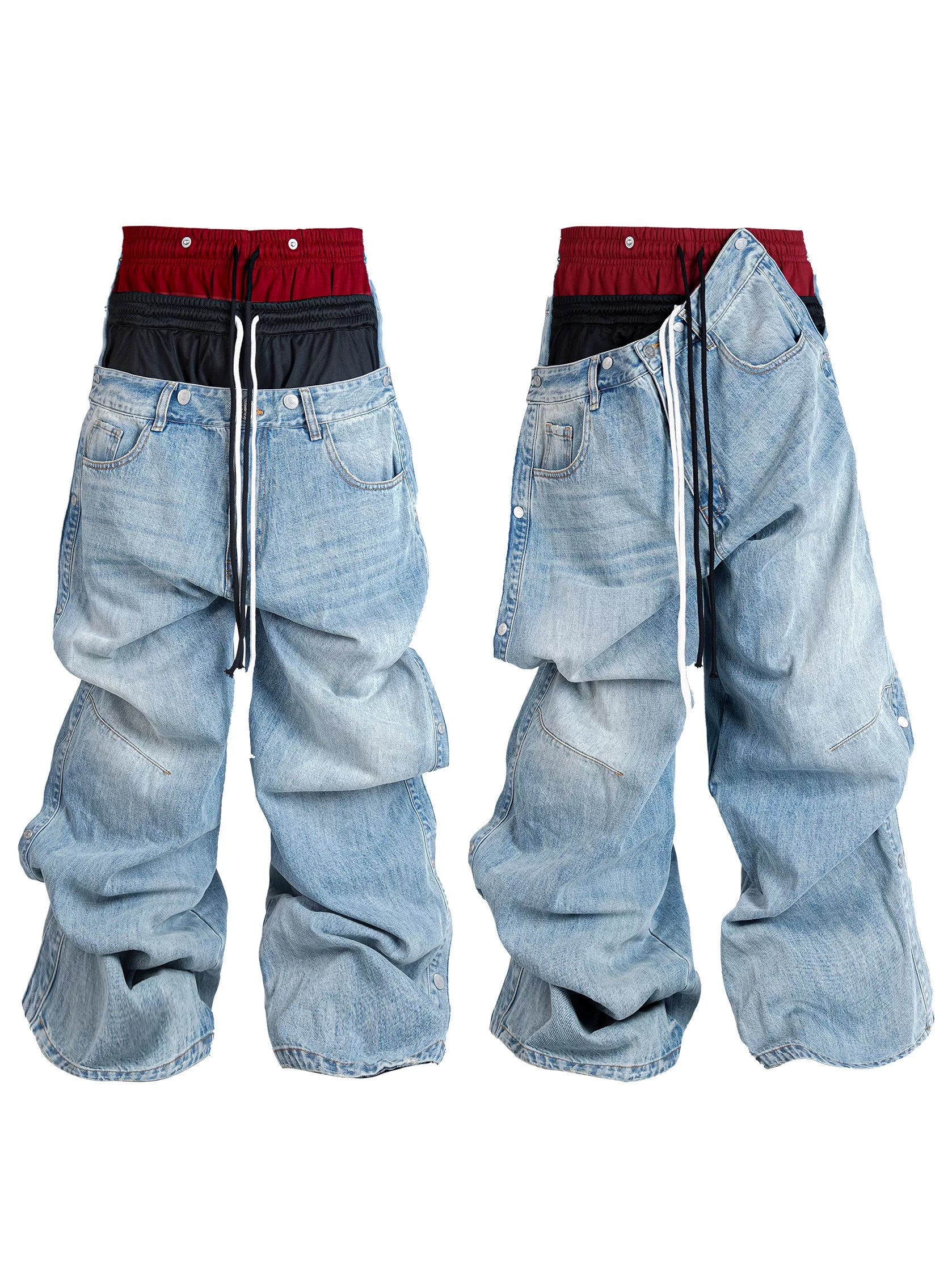 Double Waistband Drawstring Washed Blue Jeans