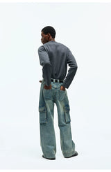 Washed Multi-pocket Straight Leg Cargo Jeans