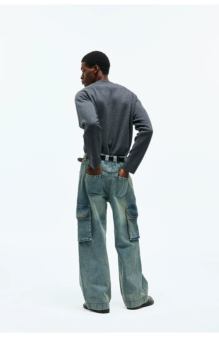 Washed Multi-pocket Straight Leg Cargo Jeans