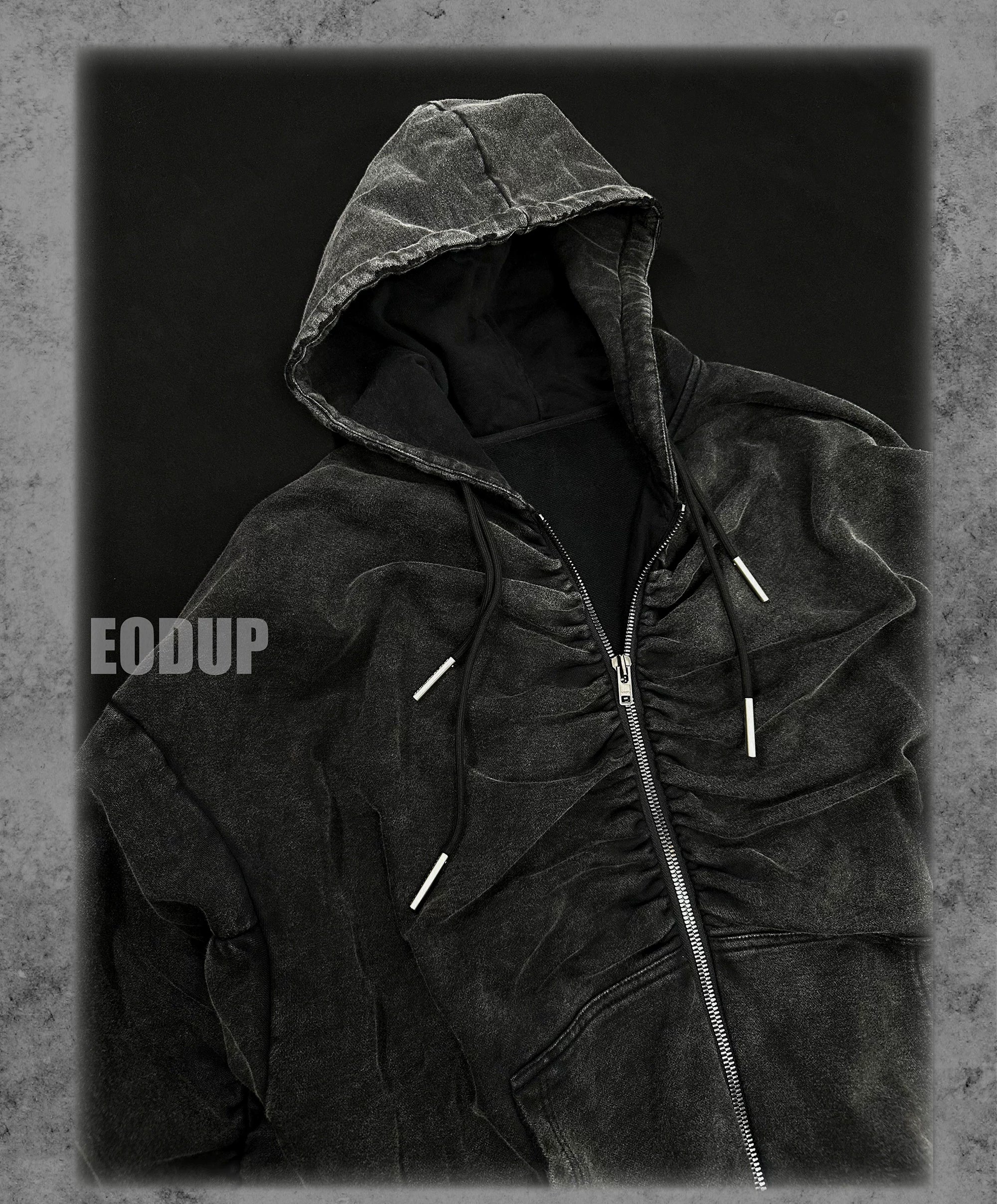Black Loose Patchwork Zip Hoodie