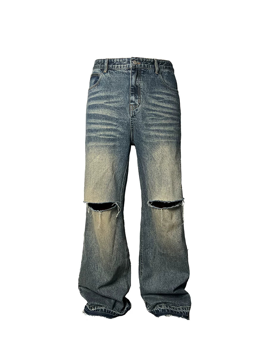 Two-Tone Distressed Wide Leg Flared Jeans