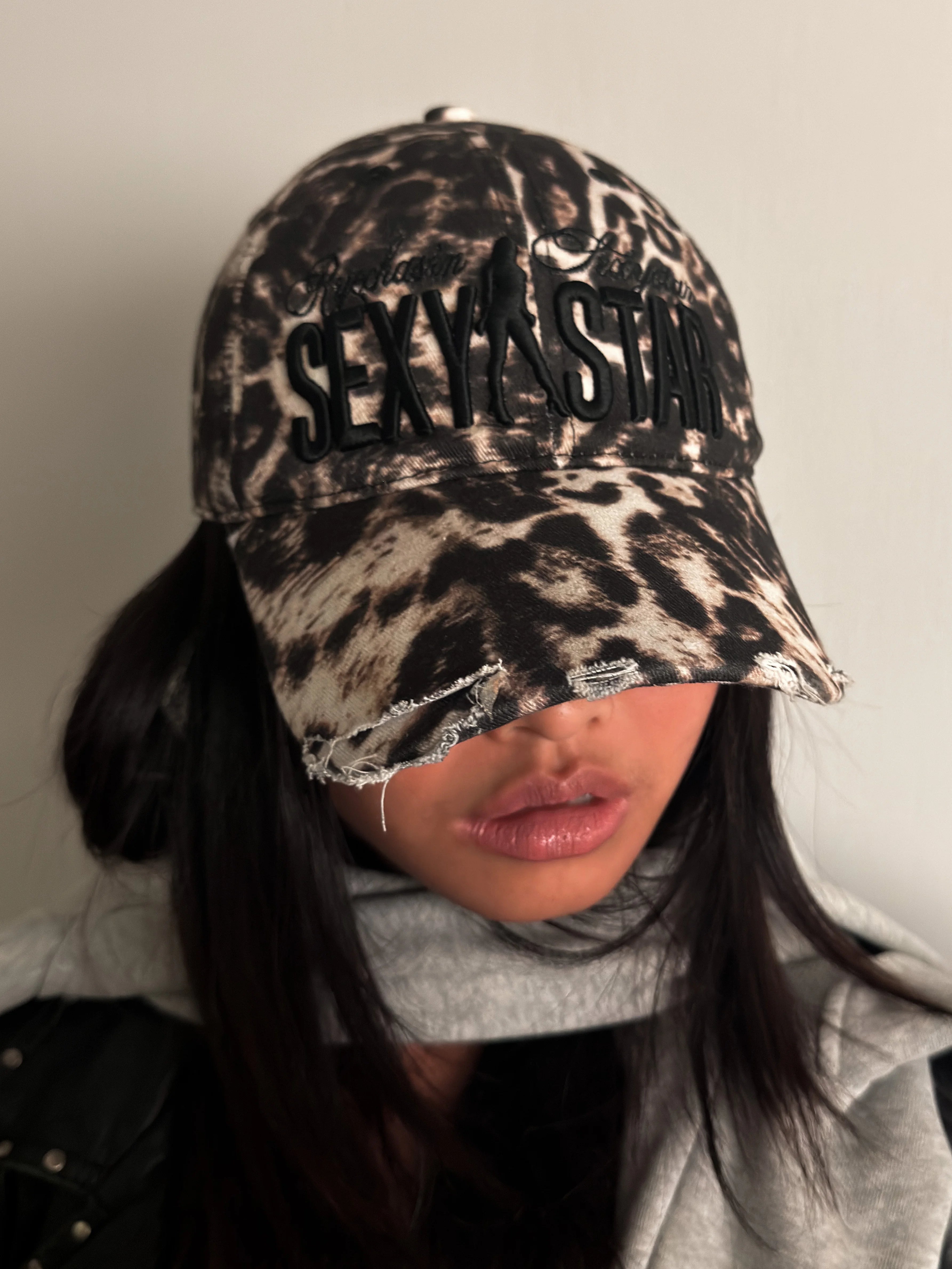 Embroidered Distressed Leopard Print Baseball Cap
