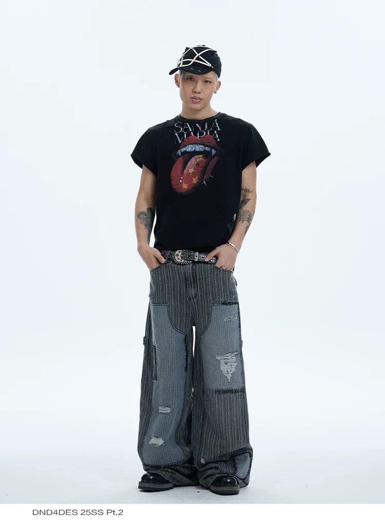 Distressed Striped Patchwork Baggy Work Pants