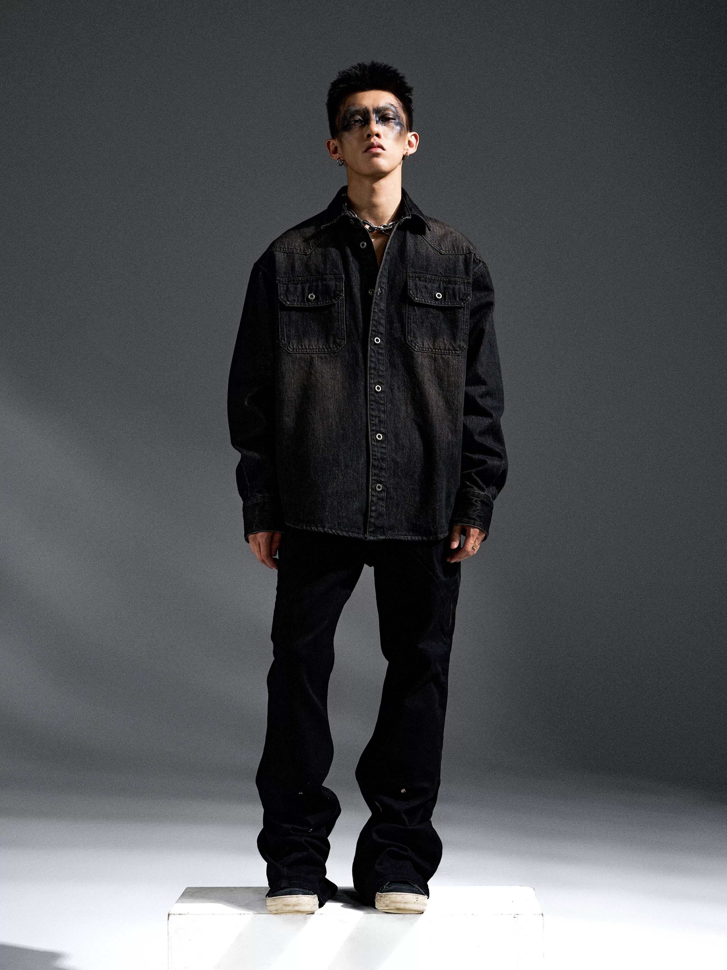 Washed Distressed Patchwork Denim Shirt Jacket