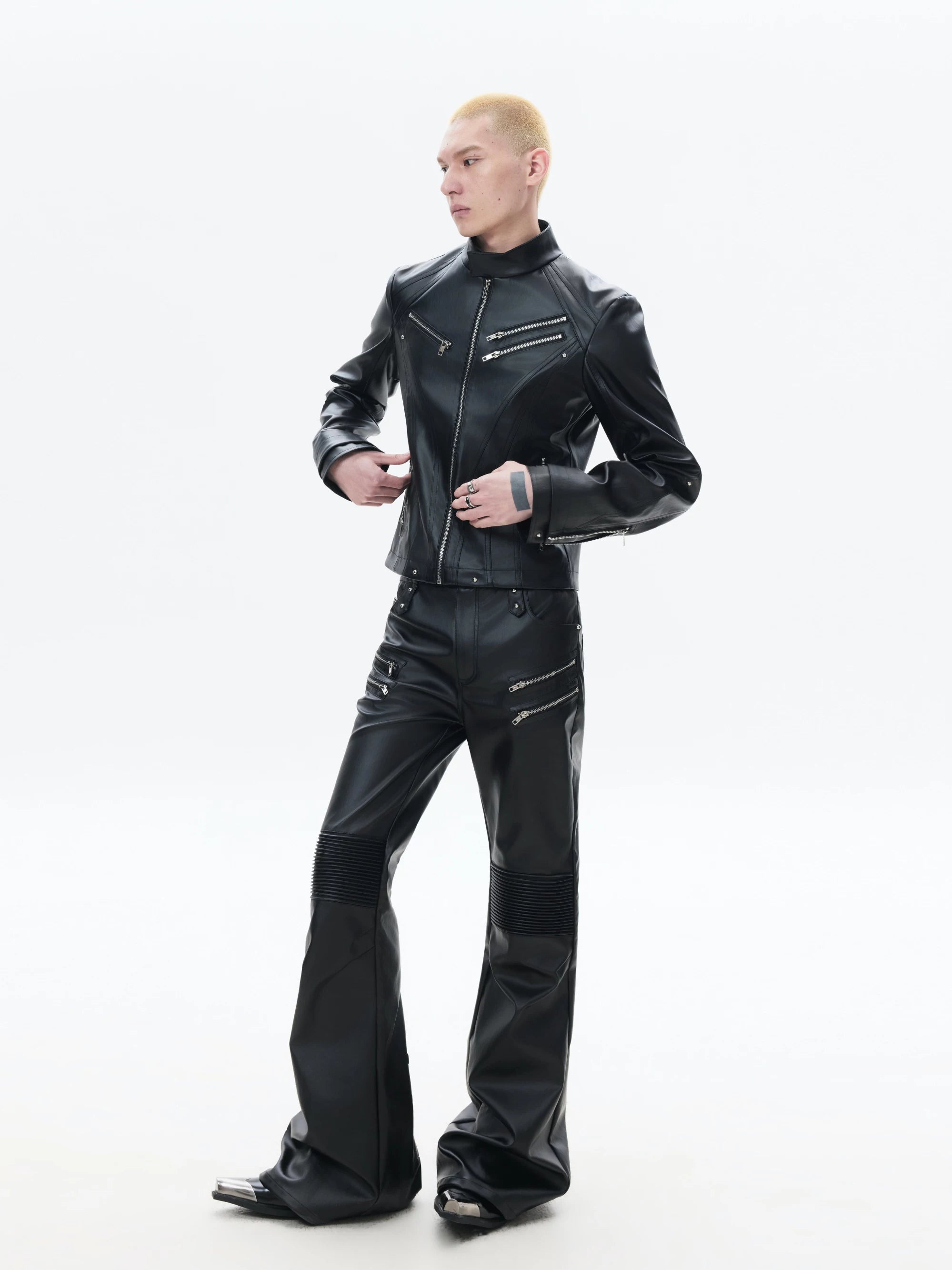 Black Zipped Coated Flared Leather Pants
