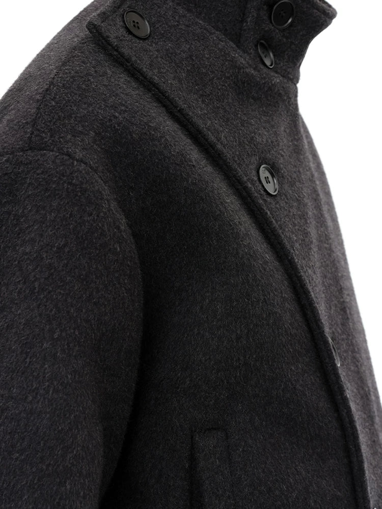 Collared Buttoned Adjustable Waist Wool Jacket