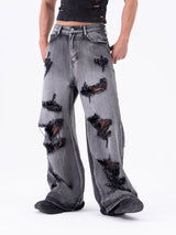 Men's Ripped Baggy Straight Charcoal Jeans