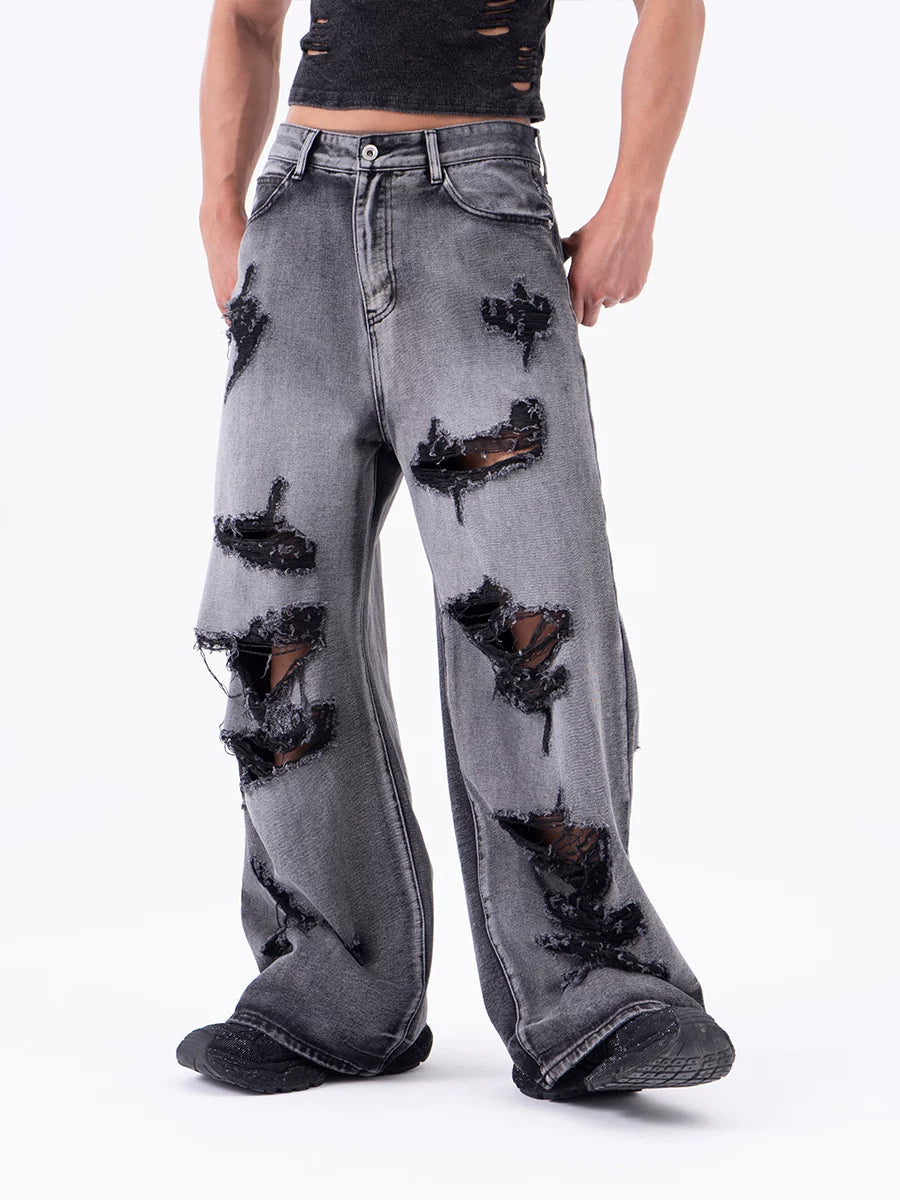 Men's Ripped Baggy Straight Charcoal Jeans