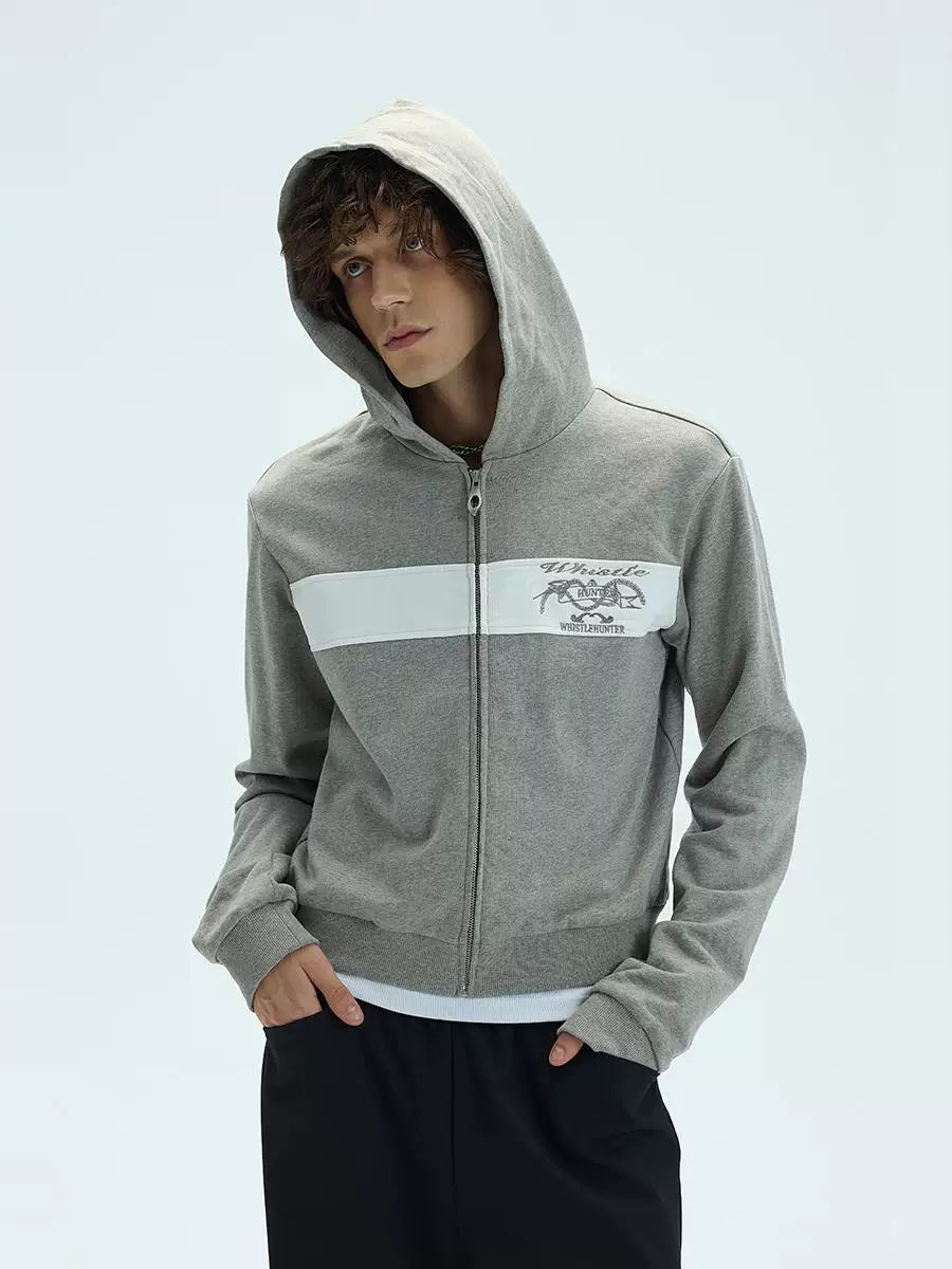 Two-Tone Cotton Embroidered Crop Zip Hoodie