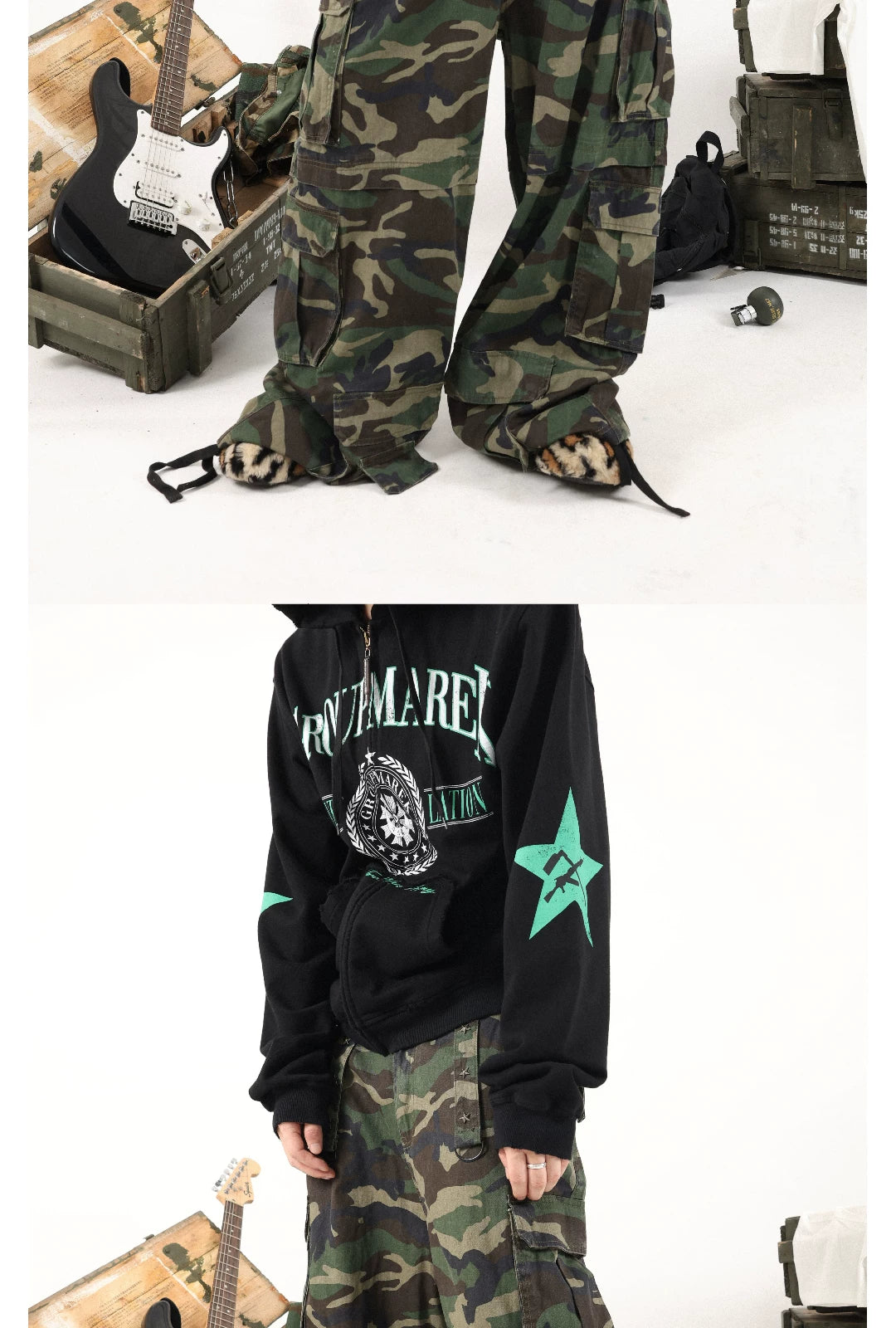 Army Green Camo Loose Cargo Pants