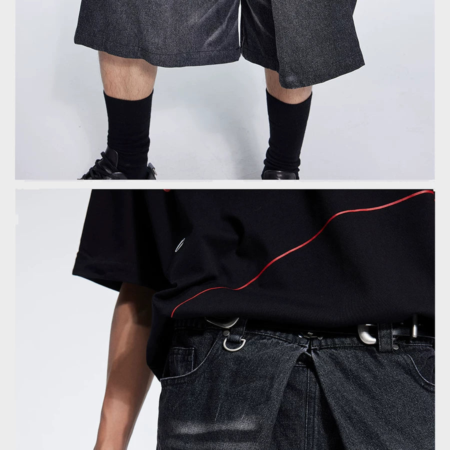 Special Waistband Tailored Washed Denim Shorts