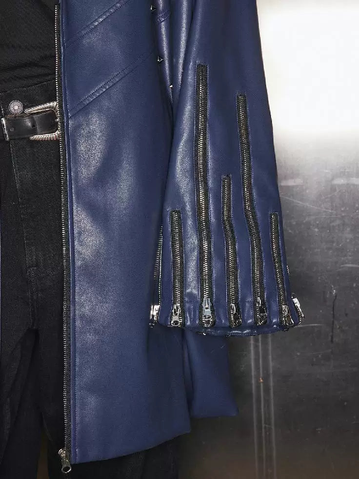 Navy Oversized Multi-Zipper Punk Leather Coat