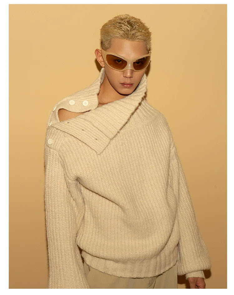 Men's Apricot Wool Side-buttoned Turtleneck Sweater