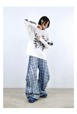 Loose Gradient Washed Plaid Print Jeans