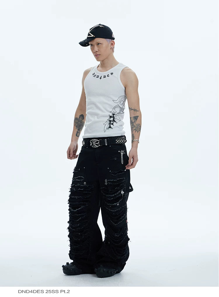 Fitted Cross Print Ribbed Tank Tops