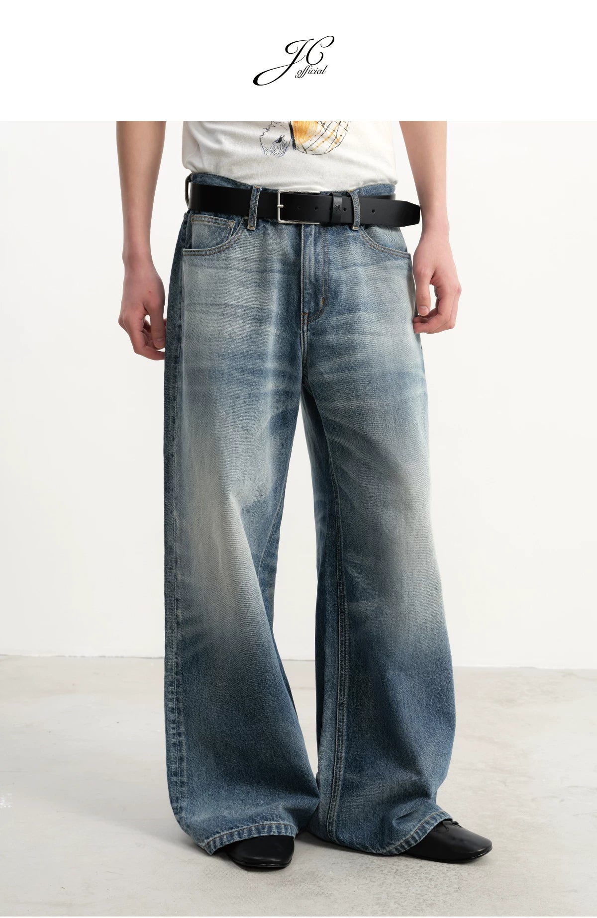 Grey Blue Distressed Wide Leg Jeans