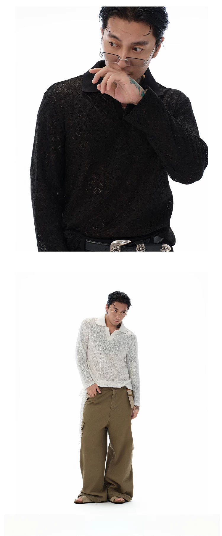 Hollow-out Long-sleeve Polo Shirt