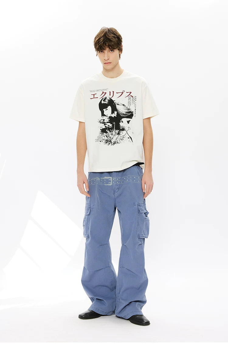 Washed Printed French Blue Cargo Pants