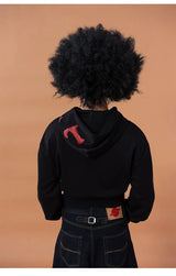 Men's Black Cropped Graphic Hooded Cardigan