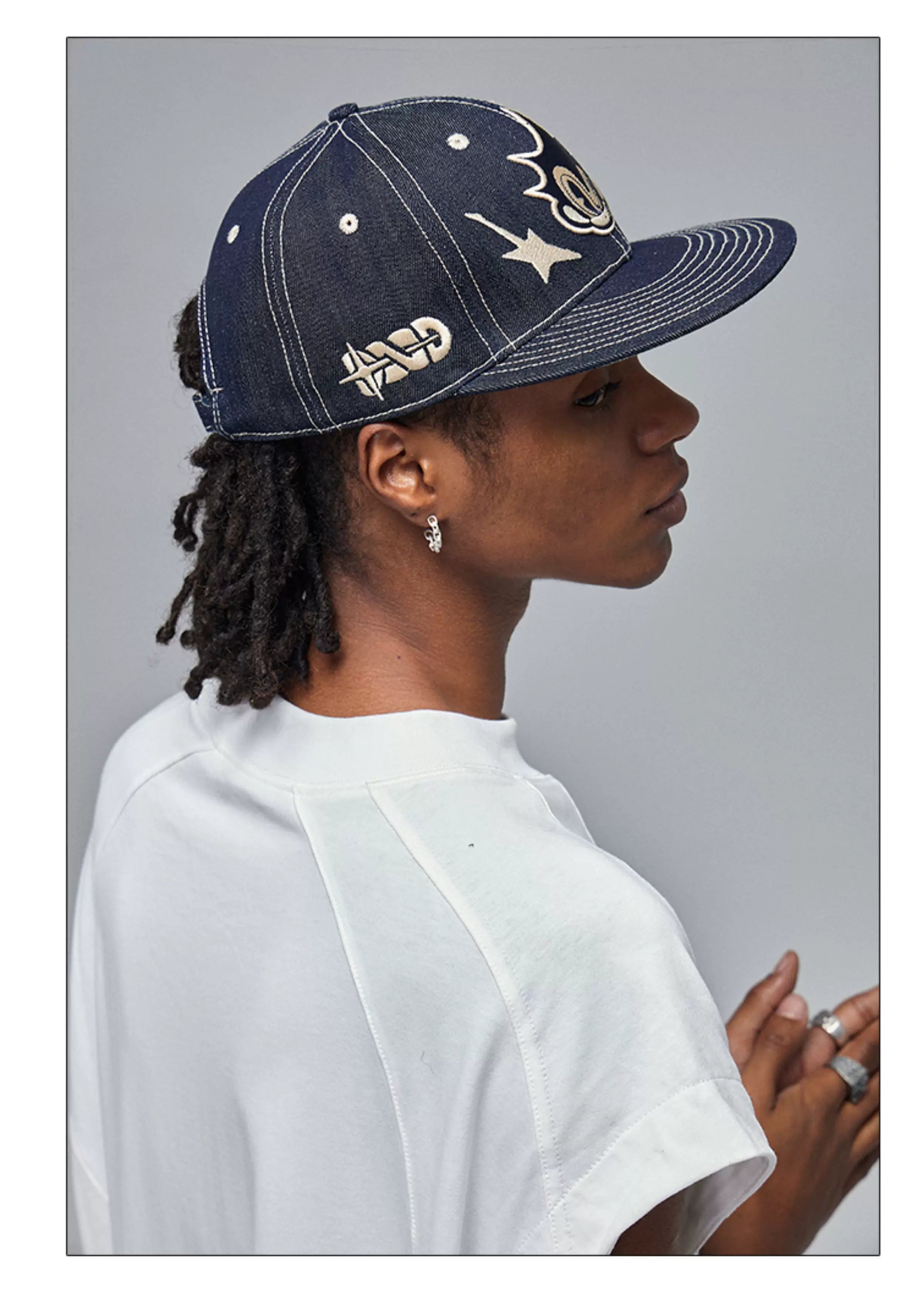 Embroidered Flat-Brim Denim Baseball Cap