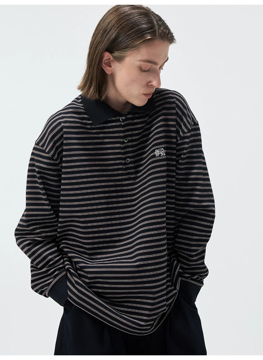 Striped Embroidered Long Sleeve Polo Tee
