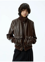 Cropped Double Zipper Waxed Leather Jacket