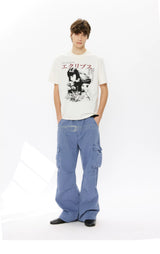 Washed Printed French Blue Cargo Pants