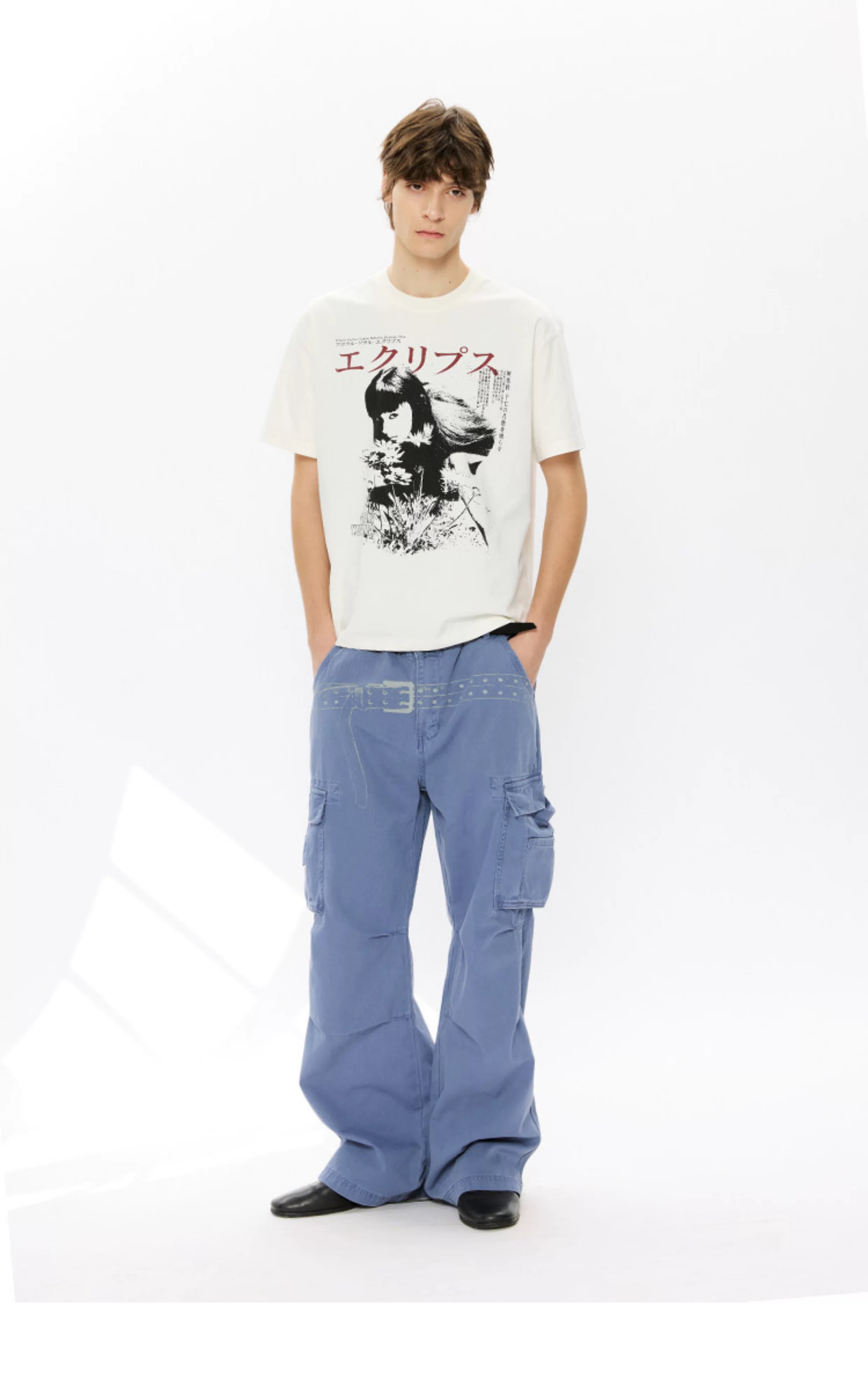 Washed Printed French Blue Cargo Pants