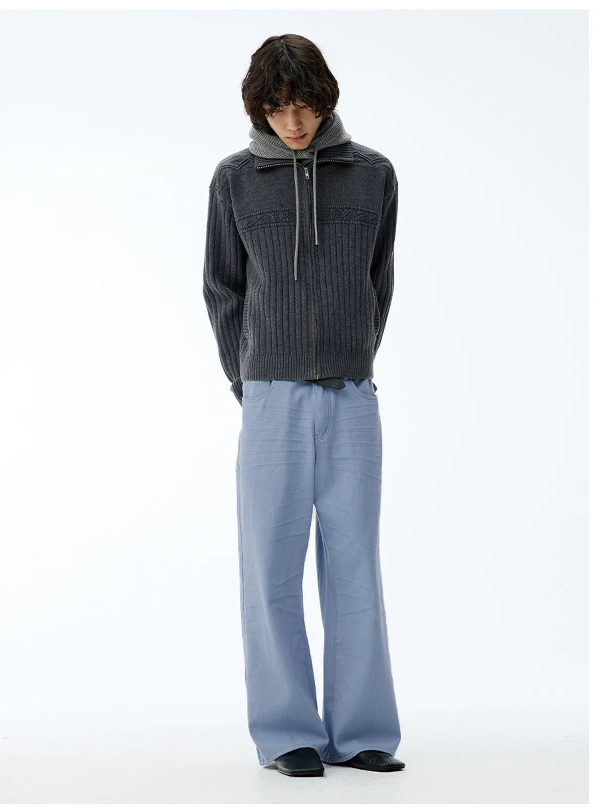 Faded Washed Pleated Straight Jeans