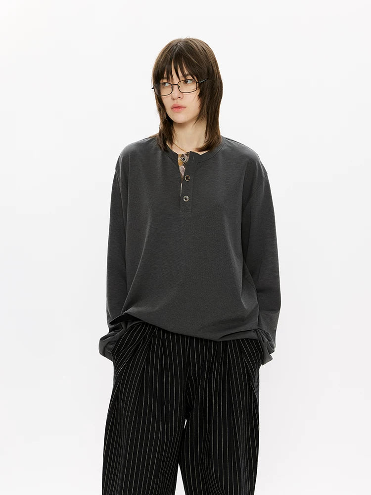 Long Sleeve Color Block Linen Henley