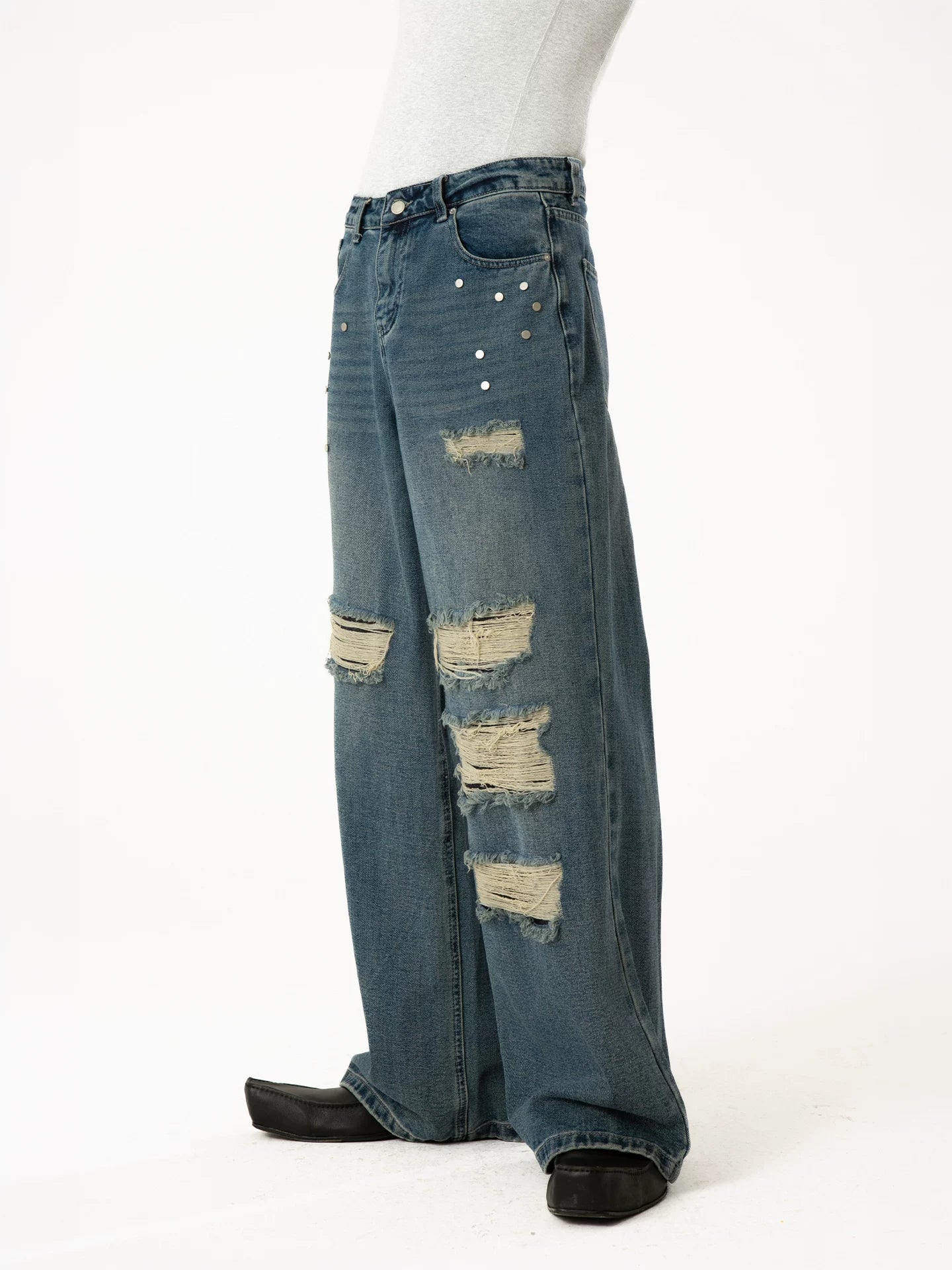 Men's Blue Distressed Riveted Straight Jeans