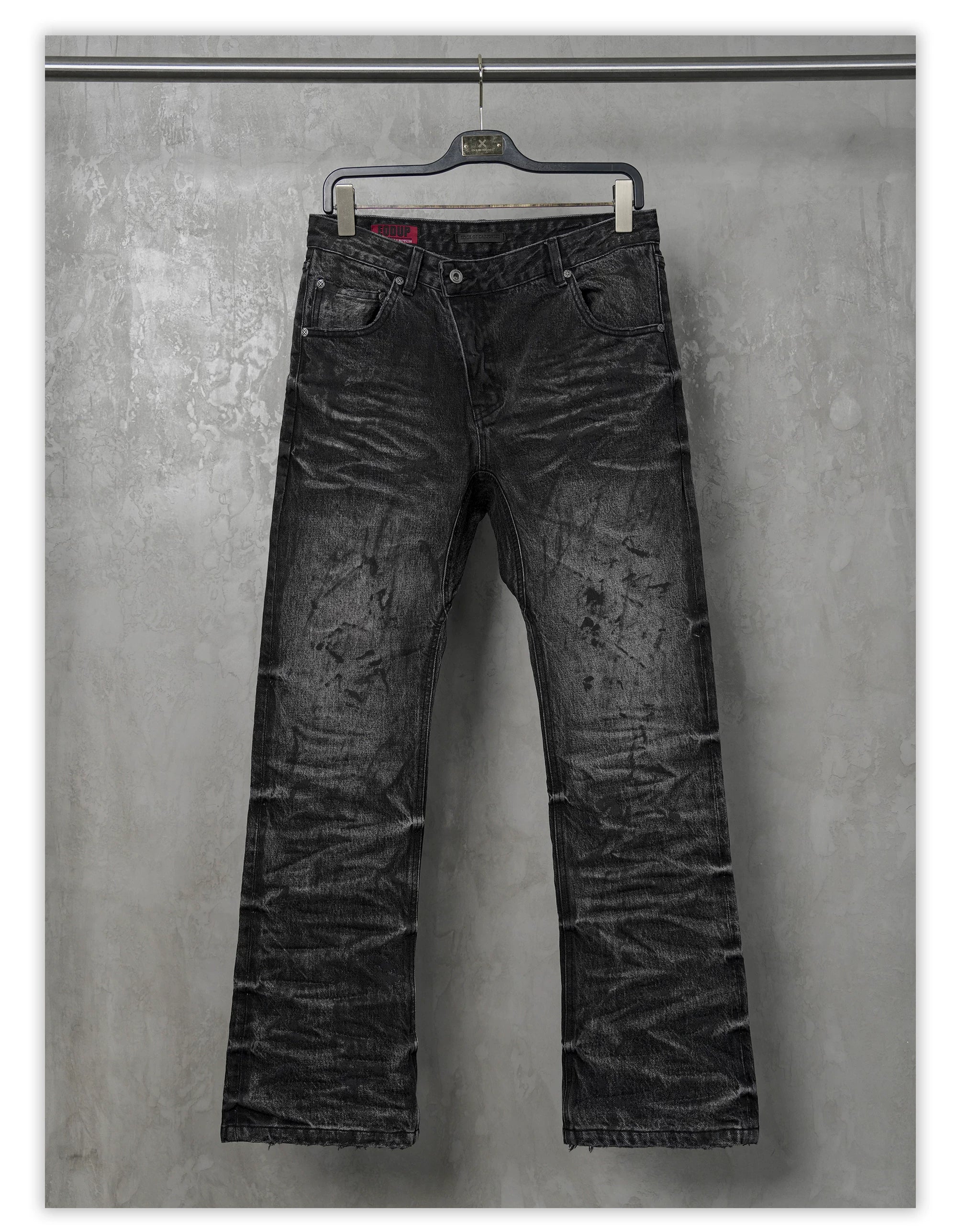 Dark Distressed Crinkled Straight Jeans