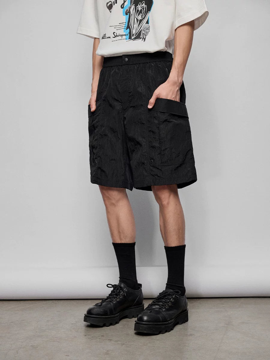 Pleated Metal Nylon Tech Cargo Shorts