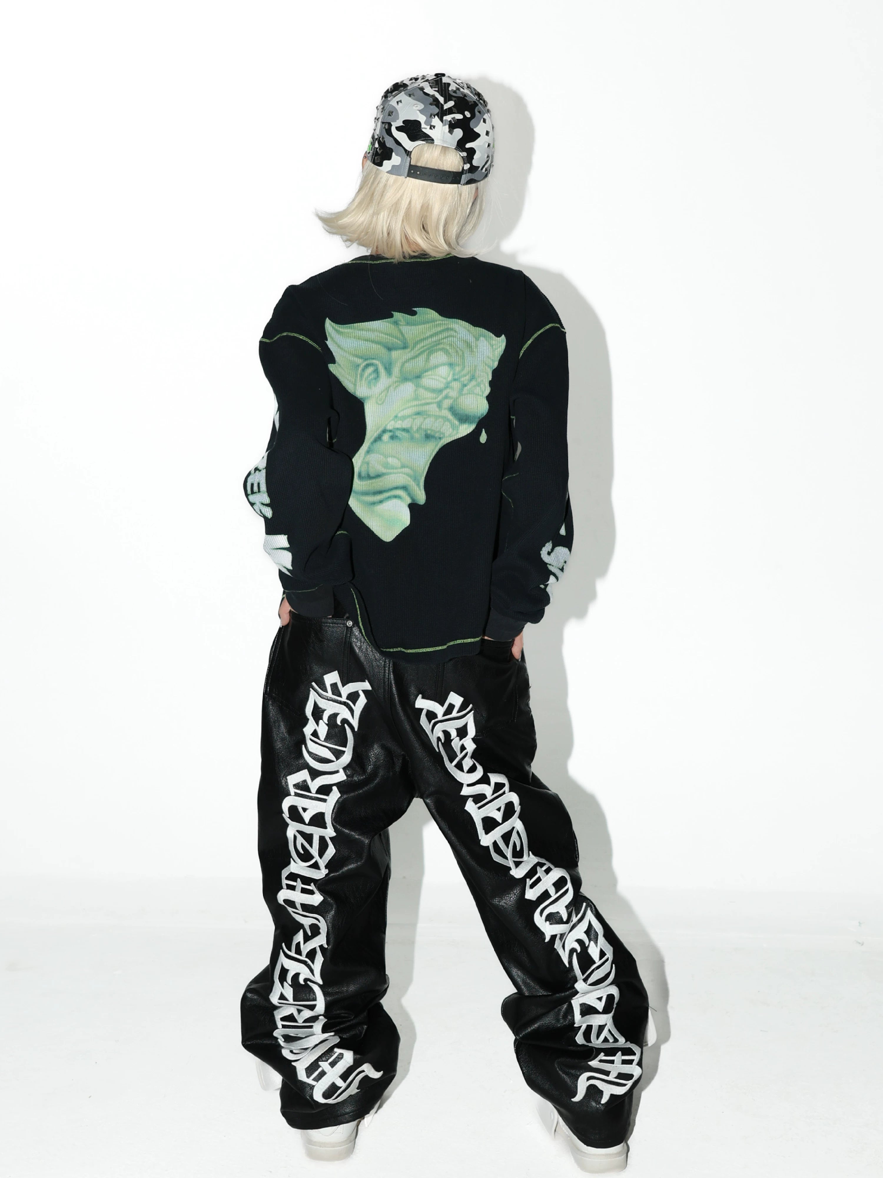 Black Green Printed Waffle Long-Sleeve Tee