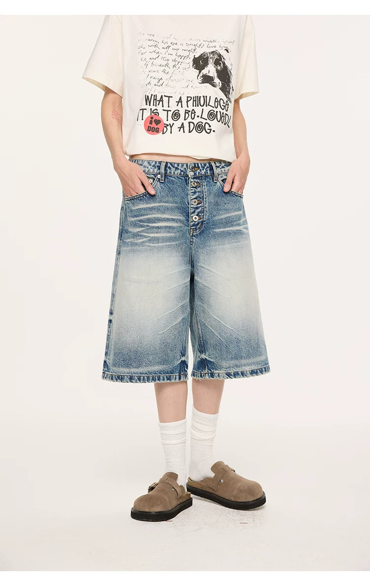 Whisker Wash Button Denim Shorts