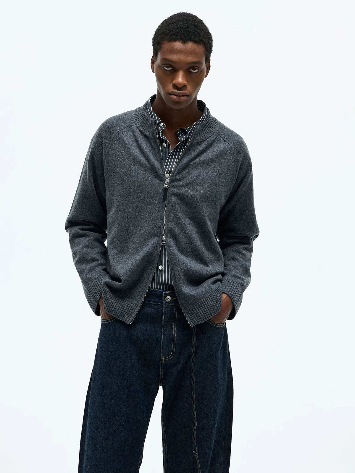 Merino Wool Cashmere Zip Crew Cardigan