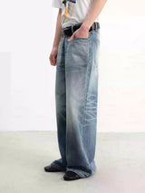 Grey Blue Distressed Wide Leg Jeans