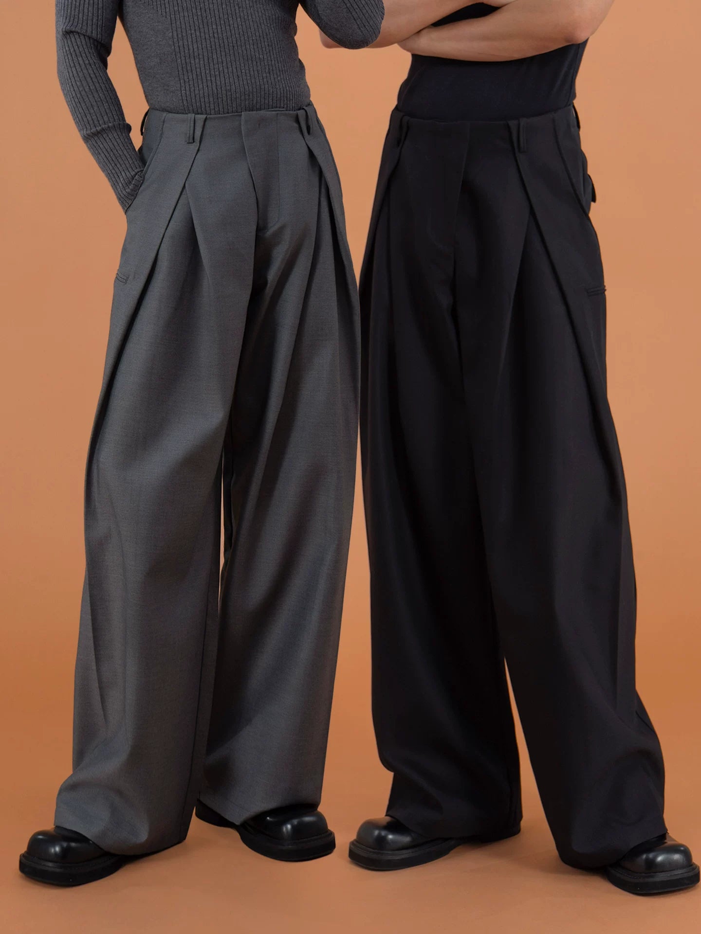 Charcoal Pleated Wide Leg Casual Pants