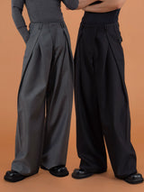 Charcoal Pleated Wide Leg Casual Pants