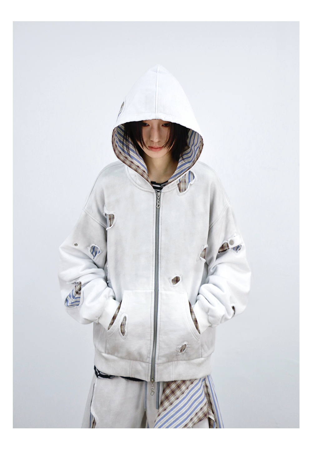 Stripe Patchwork Washed Zip Hoodie
