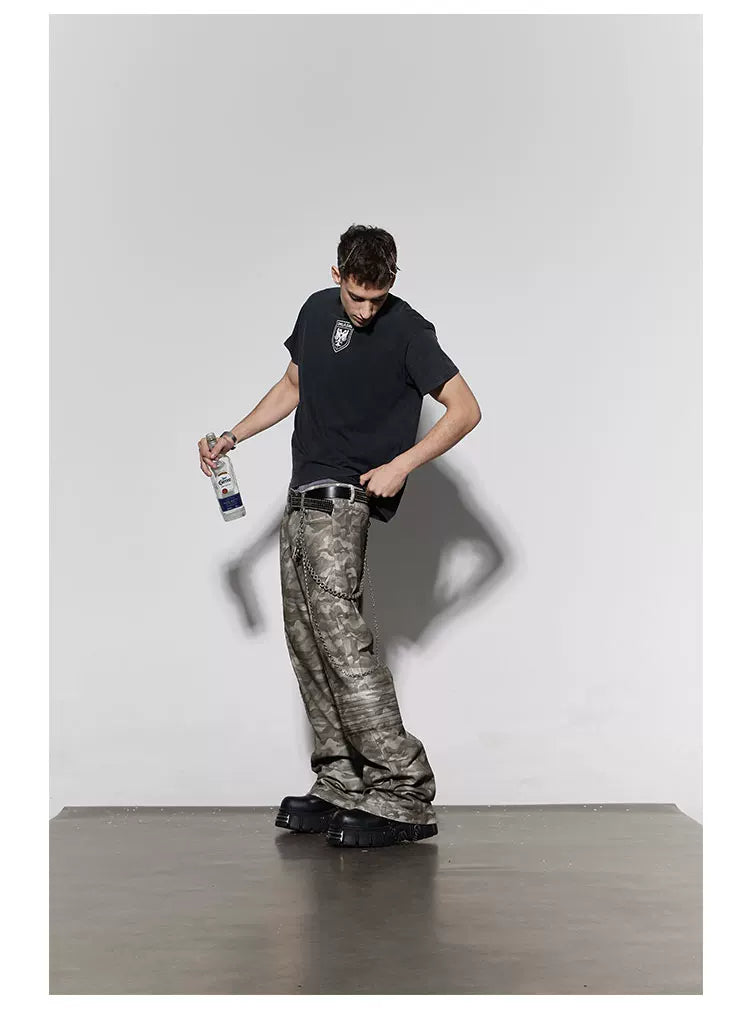 Rugged Distressed Camo Flare Cargo Pants