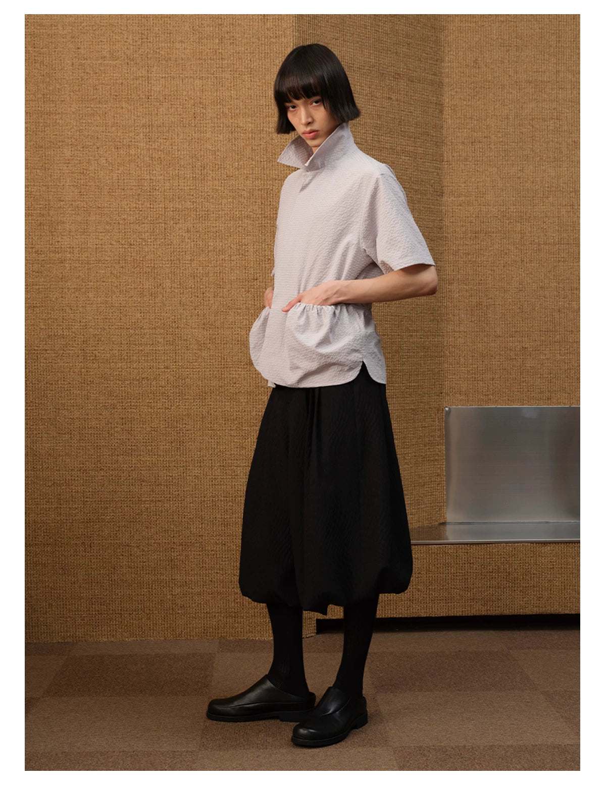 Short Sleeve Bubble Pleat Drawstring Shirt
