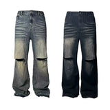 Two-Tone Distressed Wide Leg Flared Jeans