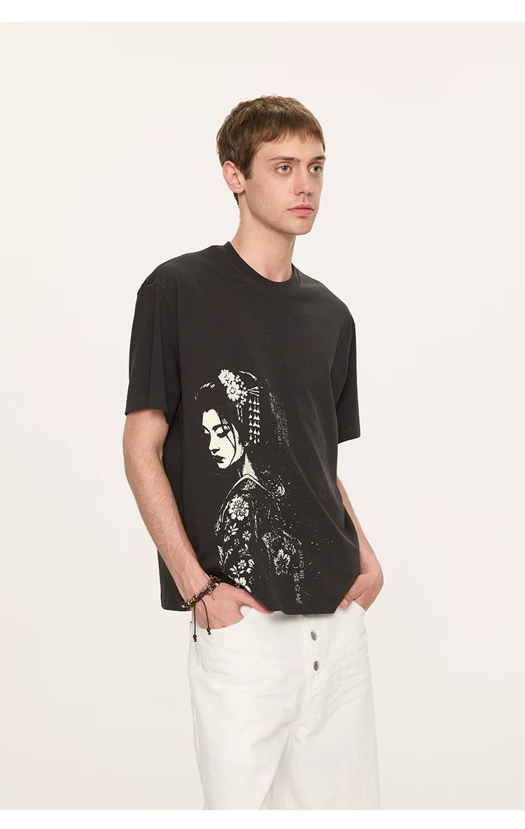 Geisha Print Casual Boxy Tee