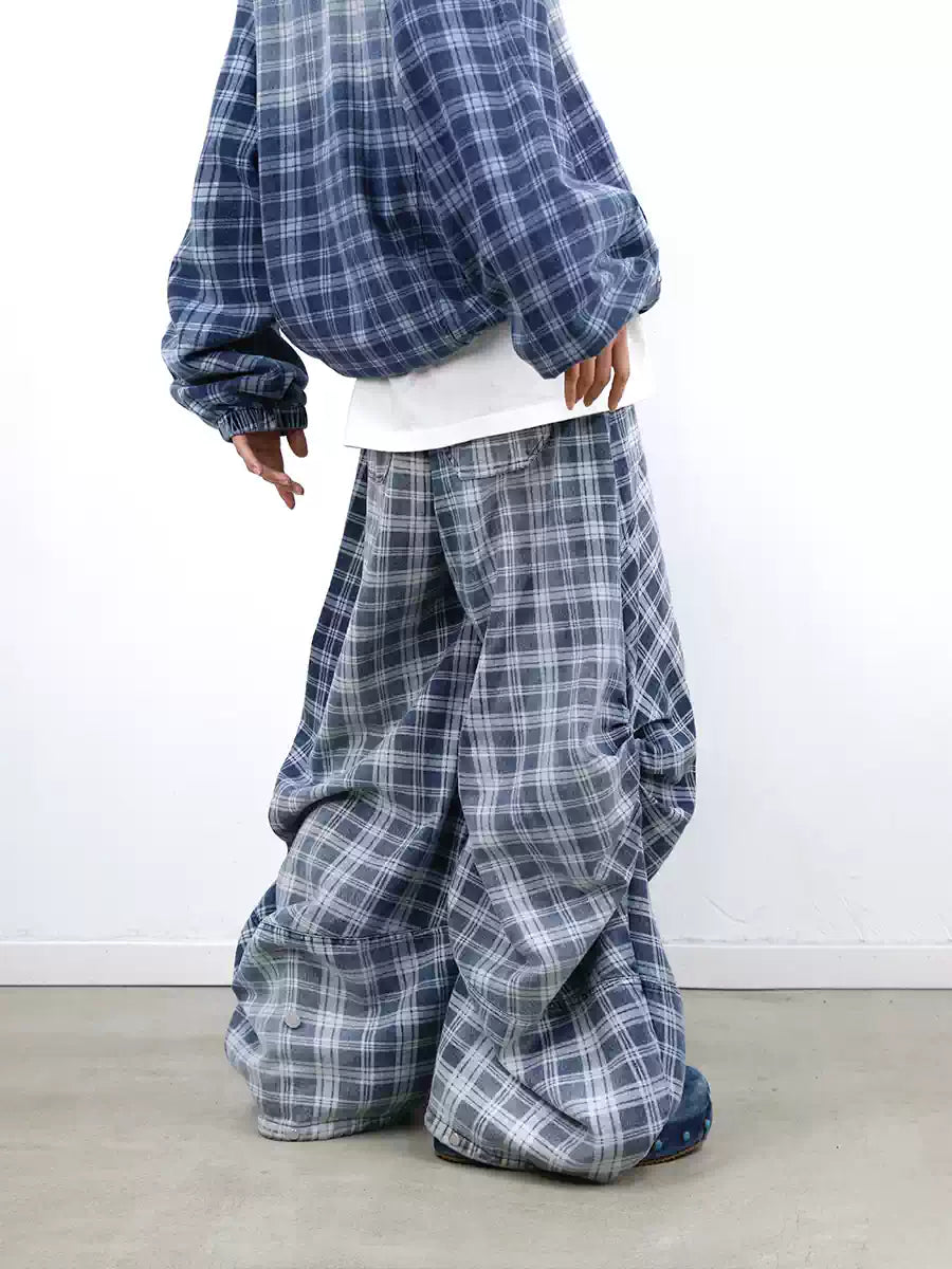 Loose Gradient Washed Plaid Print Jeans