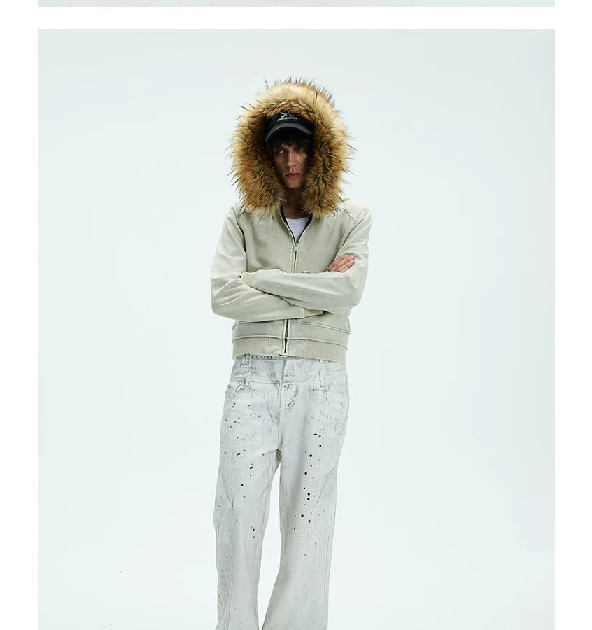 Washed Detachable Fur Zip Hoodie